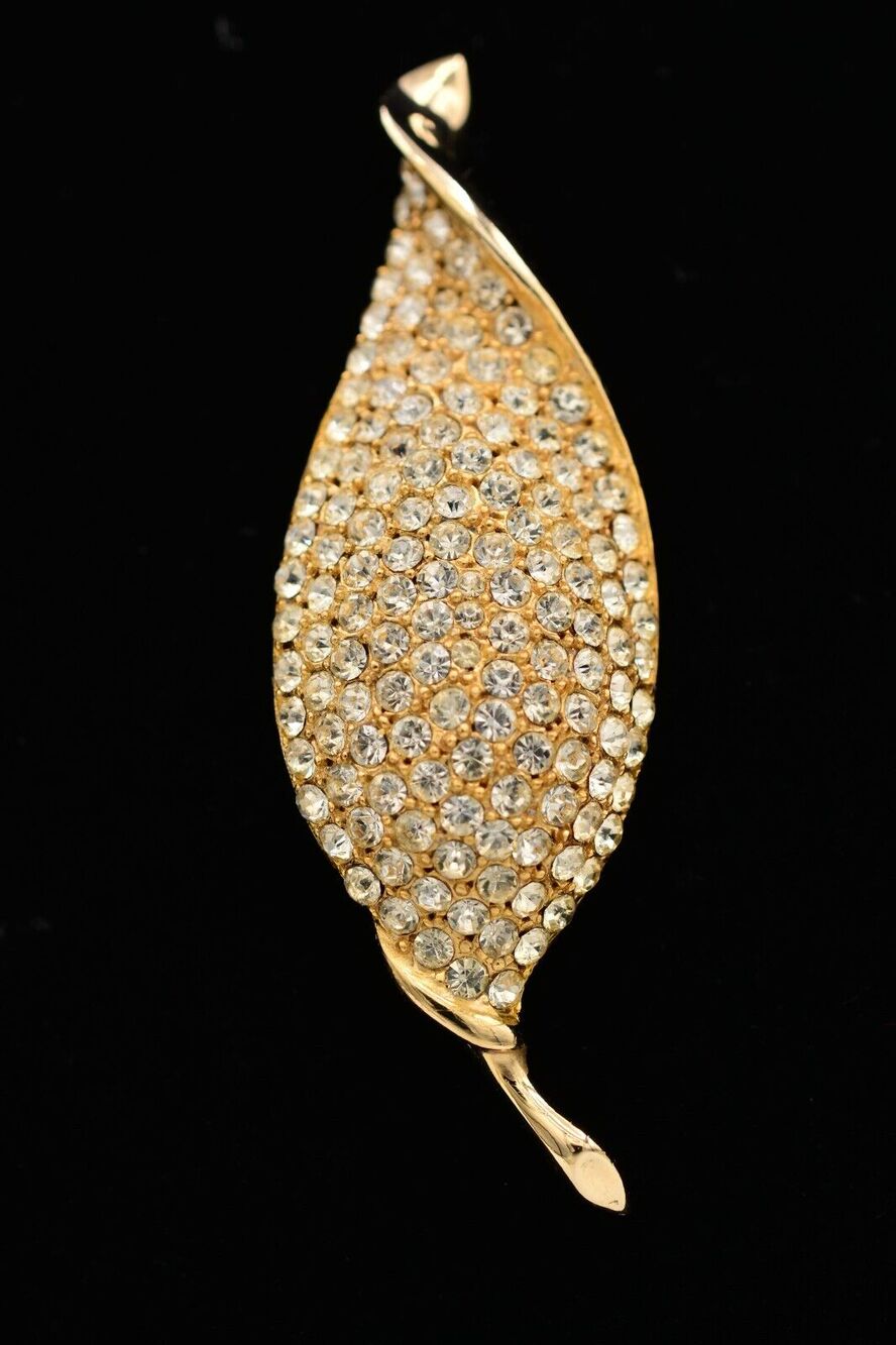 Weiss Vintage Leaf Pin Brooch Rhinestone Crystal Gold Sparkling Signed Bin5A
